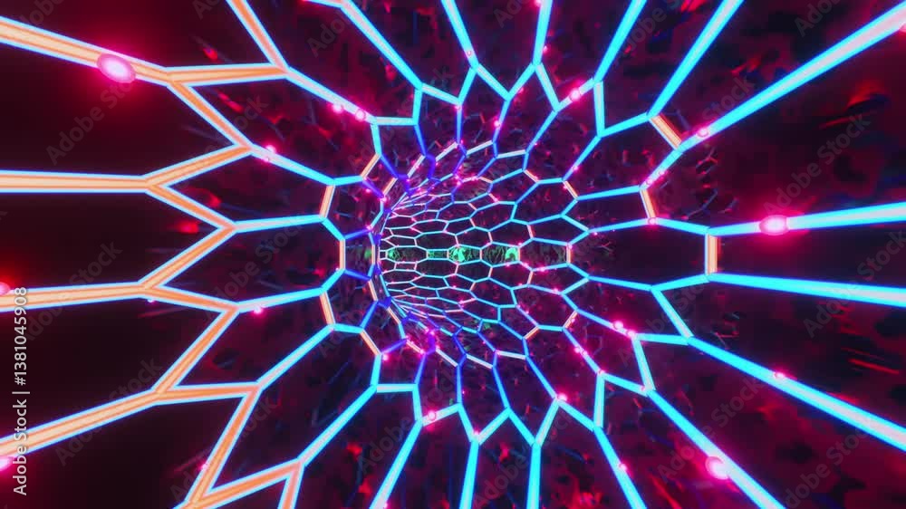 Circular tunnel with hexagonal grid and pink dots. Looped animation