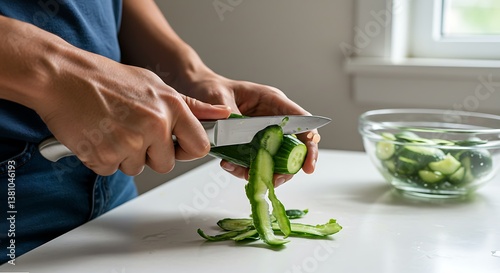 Cucumber Prep: Hands peeling green vegetable with knife on white countertop, bowl of sliced cucumbers.