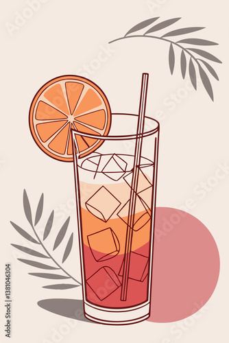 A refreshing summer drink in a tall glass with vibrant citrus slices, ice cubes, and a straw, set against a pastel background. Perfect for warm weather, tropical themes, and beverage concepts.