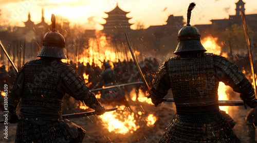 Ancient Chinese Soldiers in Fiery Sunset Battle photo