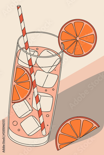 A refreshing summer drink in a tall glass with vibrant citrus slices, ice cubes, and a straw, set against a pastel background. Perfect for warm weather, tropical themes, and beverage concepts.