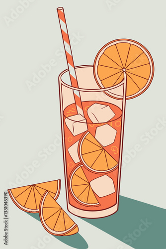 A refreshing summer drink in a tall glass with vibrant citrus slices, ice cubes, and a straw, set against a pastel background. Perfect for warm weather, tropical themes, and beverage concepts.