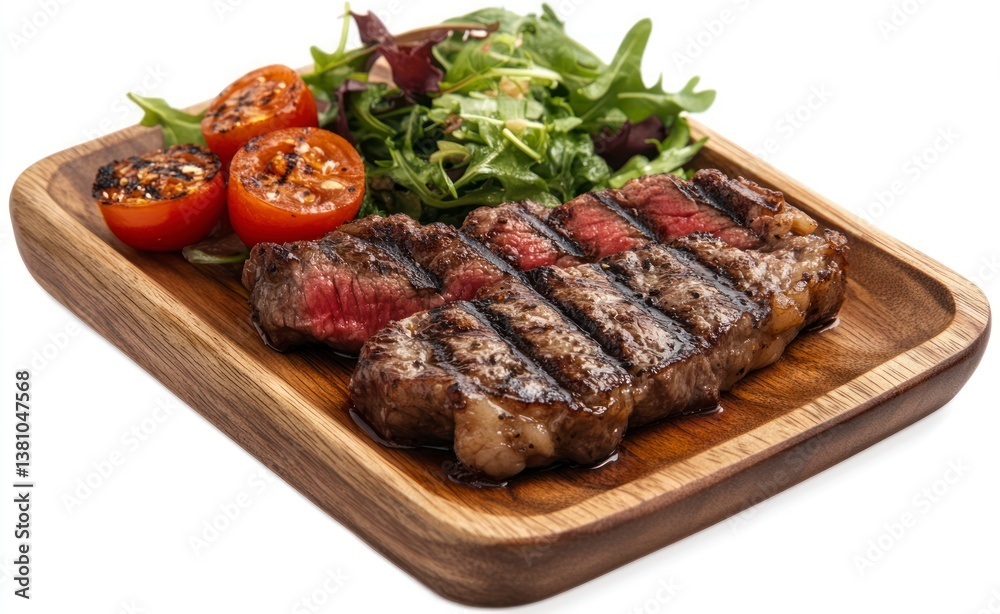 Grilled Beef Steak with Salad and Tomatoes on Wooden Tray Grilled Beef Steak with Salad and Tomatoes on Wooden Tray