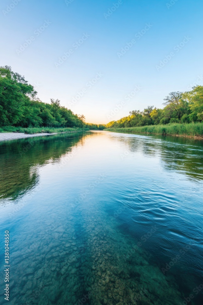 serene river reflecting clear blue sky flanked by green banks under golden glow of dawn gentle ripples create peaceful