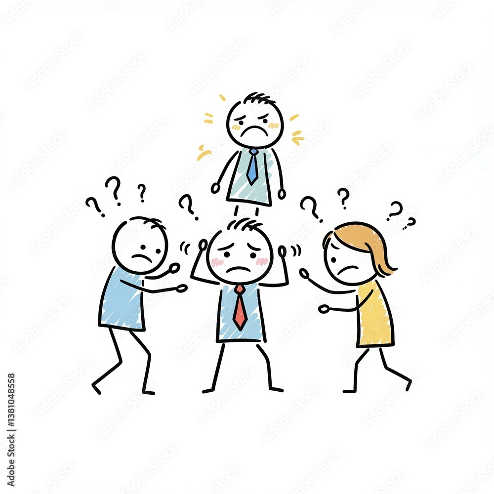 Teamwork challenge concept with confused stick figures and question marks Teamwork challenge concept with confused stick figures and question marks