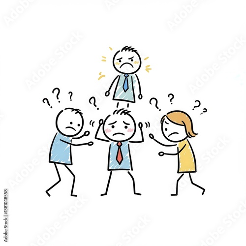 Teamwork challenge concept with confused stick figures and question marks