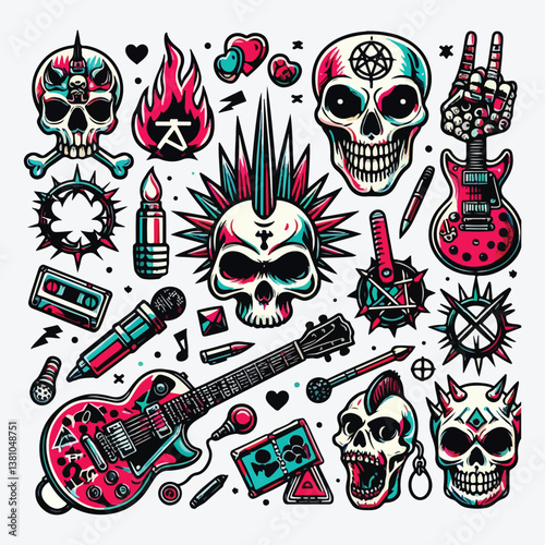 Punk Rock set. Punks and anarchy symbols set, skulls, guitars rock style. Vector illustration stock illustration