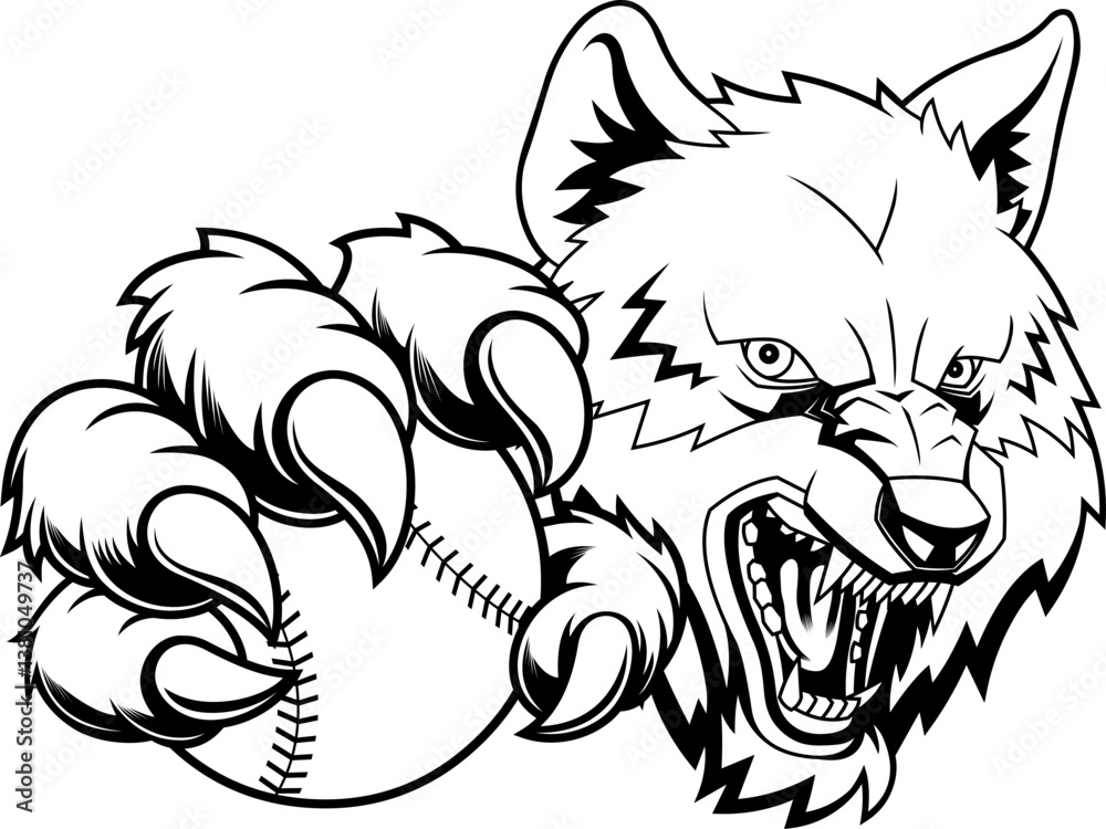 Obraz premium Angry Wolf Mascot With Baseball Ball In Claws Black And White