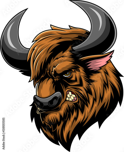 Angry Bison Head With Horns Mascot - Hand
Drawn Illustration Isolated On Transparent Background