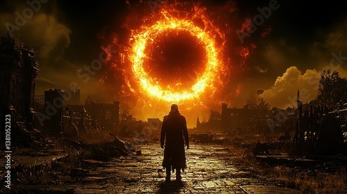 The Elden Ring's Fiery Apocalypse: A Lone Figure Walks Towards Destiny
