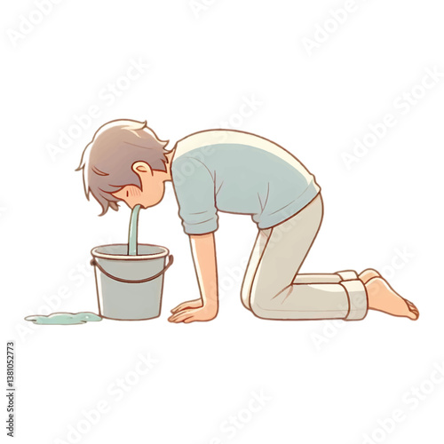 Sick Boy Vomiting into Bucket Cartoon Illustration