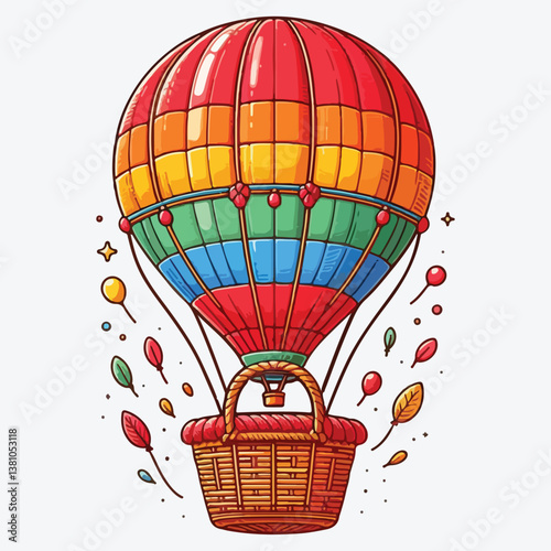 Red air balloon with a wicker basket isolated on white stock illustration