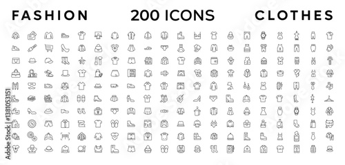 Fashion Minimal line icons collection. Jacket, Winter Coat, Sweatshirt, Dress, Hoody, Jeans, Hat icon for apps and website