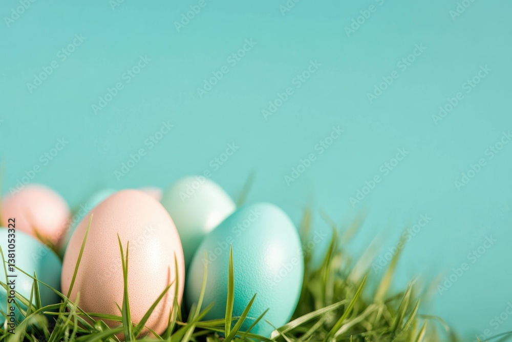 Fototapeta premium vibrant colorful arrangement of easter eggs nestled in fresh green grass under clear blue sky