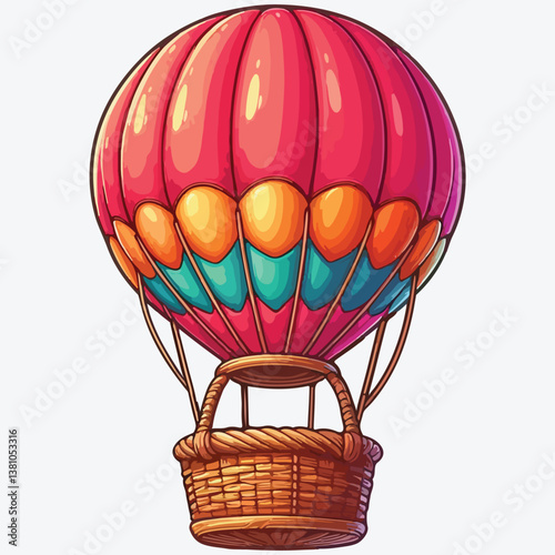Red air balloon with a wicker basket isolated on white stock illustration
