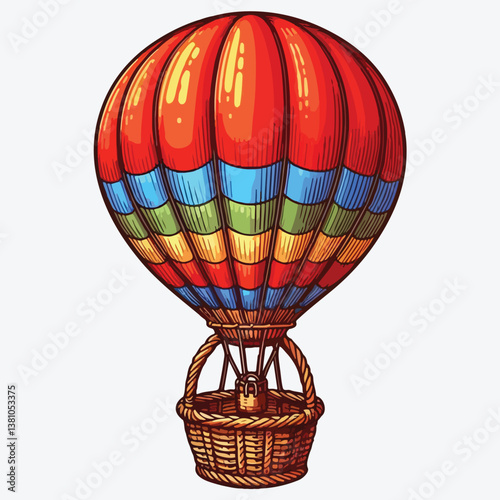 Red air balloon with a wicker basket isolated on white stock illustration