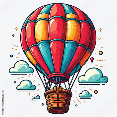 Red air balloon with a wicker basket isolated on white stock illustration