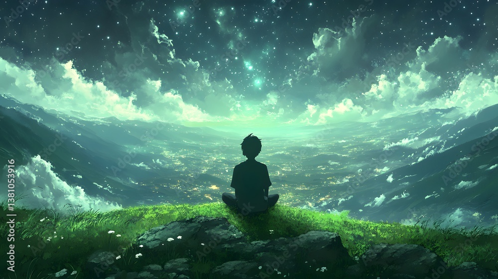 Obraz premium A person sits on a hill overlooking a starry landscape at night