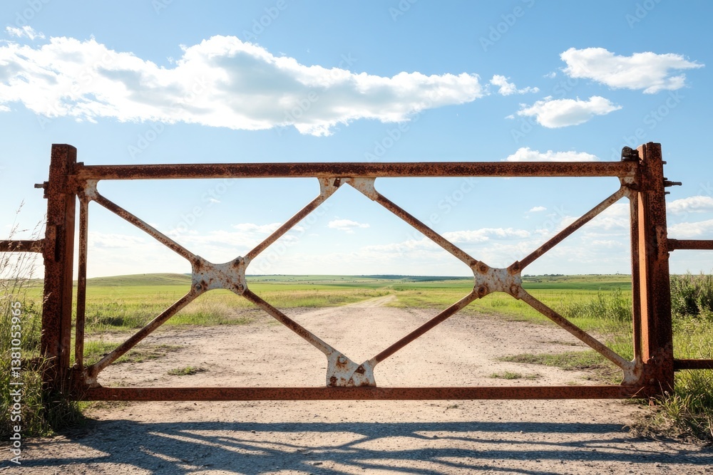 worn unlocked rusty metal gate opens slightly symbolizing freedom and accessibility with expansive open sky or green