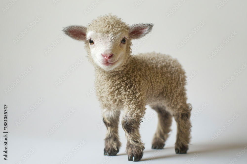 Obraz premium Standing Lamb with Fluffy Wool Looking at Camera in Studio Lighting
