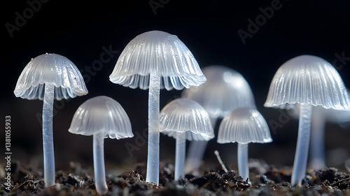 Close-Up of Translucent White Mushrooms on Dark Soil photo