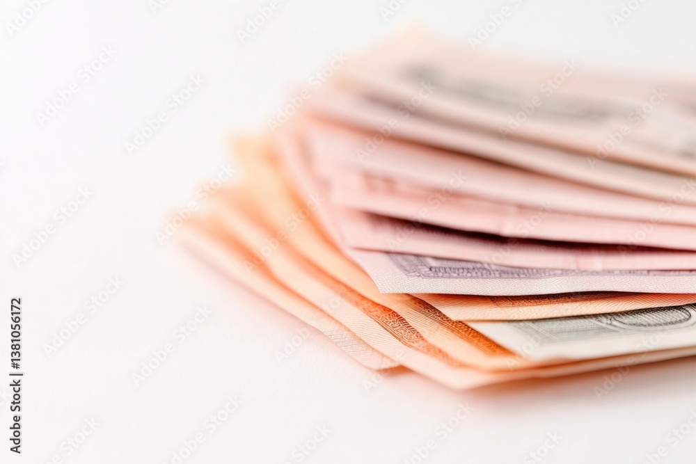 close-up of assorted global currencies in denominations fanned out on clean white background with ample copy space close-up of assorted global currencies in denominations fanned out on clean white background with ample copy space