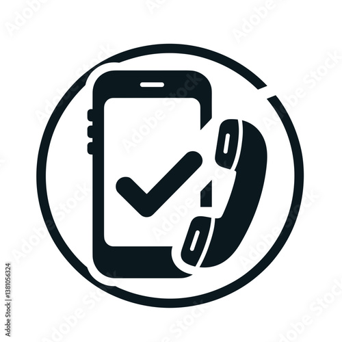 Phone icon with check mark indicating successful call  on a transparent background