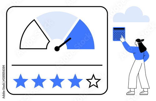 Person using calculator beside a performance meter and 5-star review rating. Ideal for business analysis, performance management, customer feedback, productivity, quality assurance, evaluation