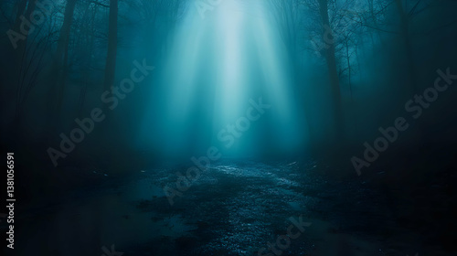 Dark Blue Mystical Forest with Light Beams
