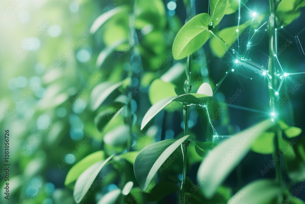 Obraz premium Exploring lush greenery with glowing elements in a vibrant setting