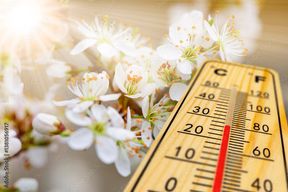 Ein Thermometer zeigt warme Temperatur zum Frühlingsanfang mit blühenden Blumen und Knospen im Hintergrund - FOTOMONTAGE