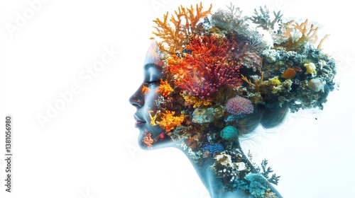 Artistic portrait merging human and coral forms.