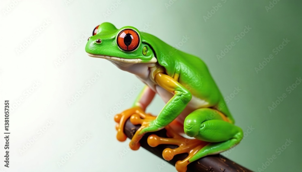 Obraz premium Green tree frog perched on white, vibrant skin, macro photography, amphibian