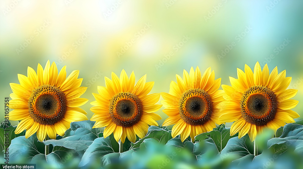 Obraz premium Four Bright Yellow Sunflowers in a Green Field