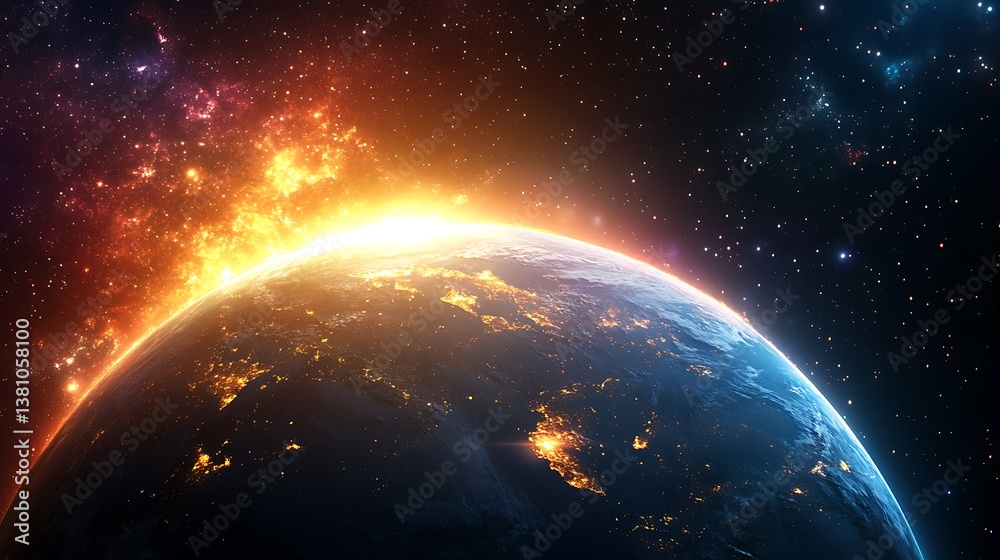 Obraz premium Fiery Sunrise Over Earth: A Cosmic Panorama