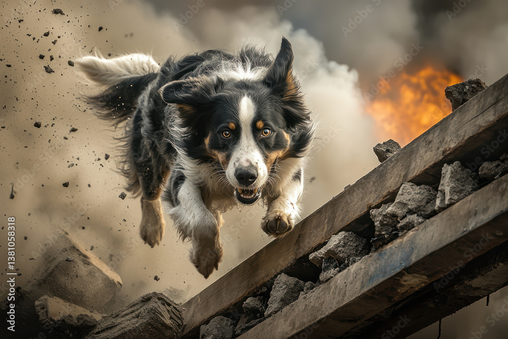 Obraz premium A heroic rescue dog leaps through rubble during earthquake search, showcasing bravery amidst destruction and fire