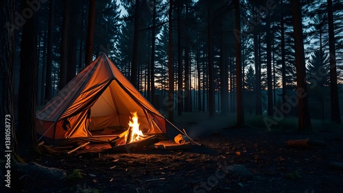 Glowing tent and campfire set in a tranquil forest at night, perfect scene for camping adventure relaxation.  