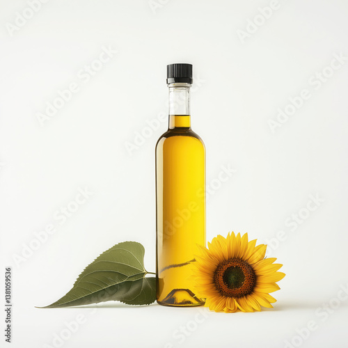 Bottle of golden sunflower oil with sunflower vibrant display isolated on white background