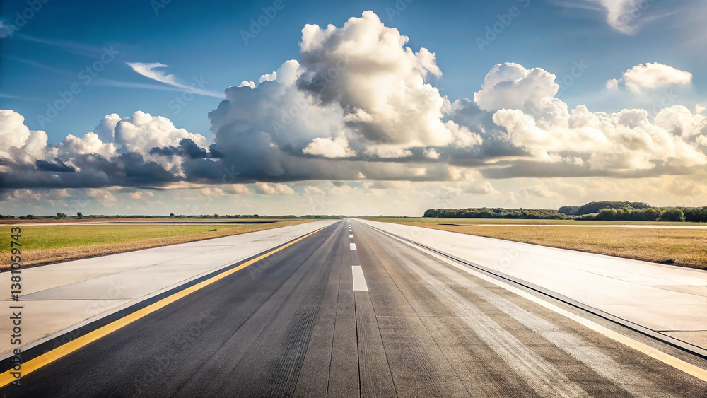 Fototapeta premium Stunning Airport Runway with Dramatic Clouds: Perfect for Aviation and Travel Enthusiasts