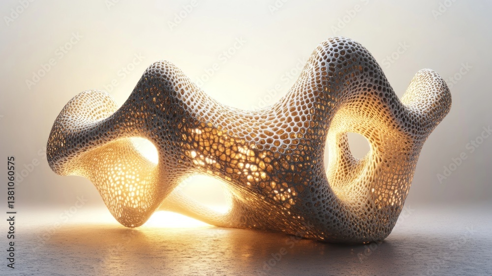 Abstract, organic, light-filled sculpture. A captivating, 3D-rendered, white, honeycomb-like, sculptural form, illuminated from within. Intricate, flowing curves, with open, porous texture Abstract, organic, light-filled sculpture. A captivating, 3D-rendered, white, honeycomb-like, sculptural form, illuminated from within. Intricate, flowing curves, with open, porous texture