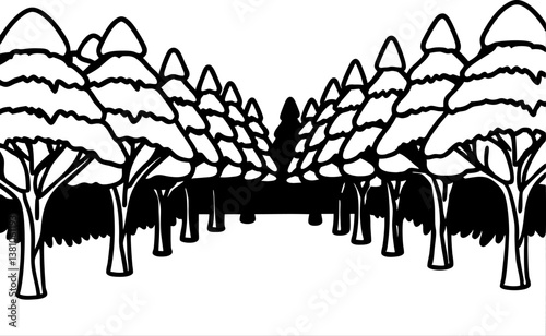 Symmetrical forest pathway illustration with lined tree canopy