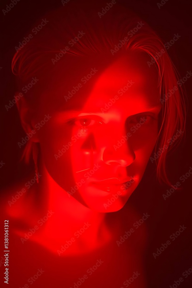 Red-lit portrait in dark studio Red-lit portrait in dark studio
