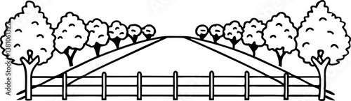 Symmetrical tree lined pathway with fence in minimalist illustration design