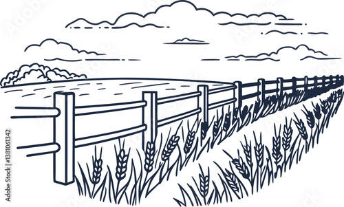 Rural landscape with farmland, fence, and wheat crops under a cloudy sky