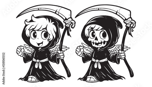 Vector illustration of cartoon skull waving wing greeting black and white drawing For children to learn to color according to the picture