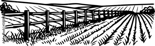 Rural landscape illustration farmland field with fencing and plowed land