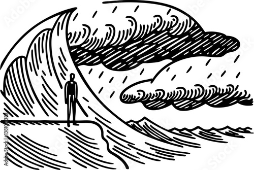 person standing on cliff facing giant wave amidst stormy sky