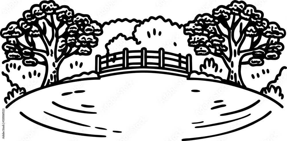 Fototapeta premium Scenic landscape with a bridge, trees and grassy field in nature illustration