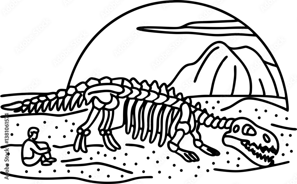 Fototapeta premium child sitting by dinosaur skeleton at sunset prehistoric landscape, extinct species exploration