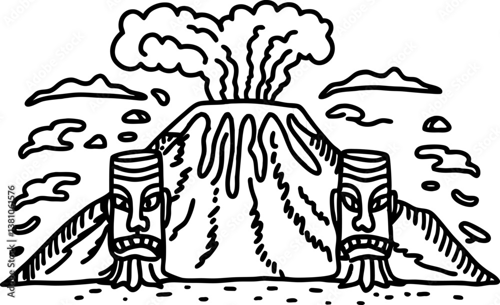 Fototapeta premium volcano eruption with tiki masks erupting lava, clouds, tribal art, nature illustration
